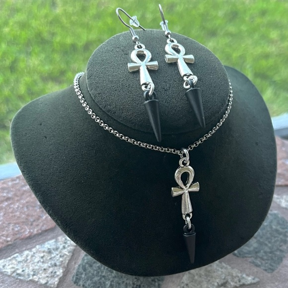 Ankh set dangky black spikes stainless steel chain adjustable boho goth silver - Picture 5 of 12